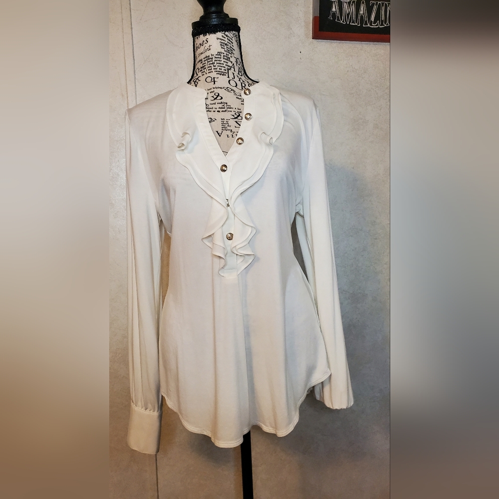 White House Black Market Cream Ruffle Button Blouse Size:M